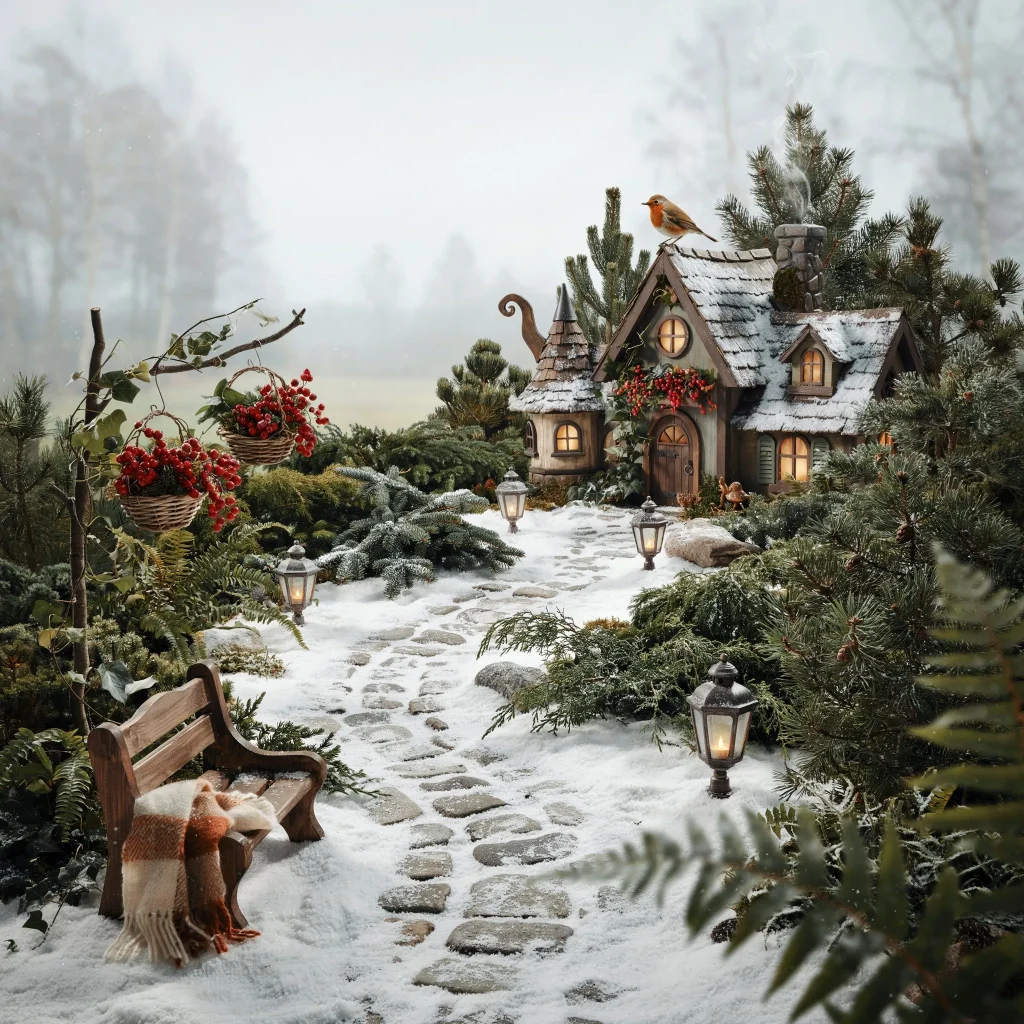 Winter Fairy Garden Ideas: Bring Magic to Your Backyard This Winter 2 Small winter fairy garden with miniature fairy house and evergreen plants.