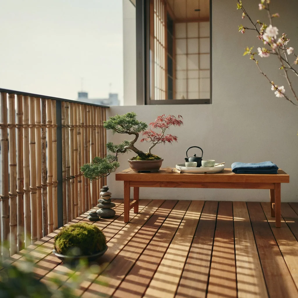 Japanese Balcony Ideas for Small Homes and Apartments 4 Minimalist Japanese balcony with clean lines and natural materials.