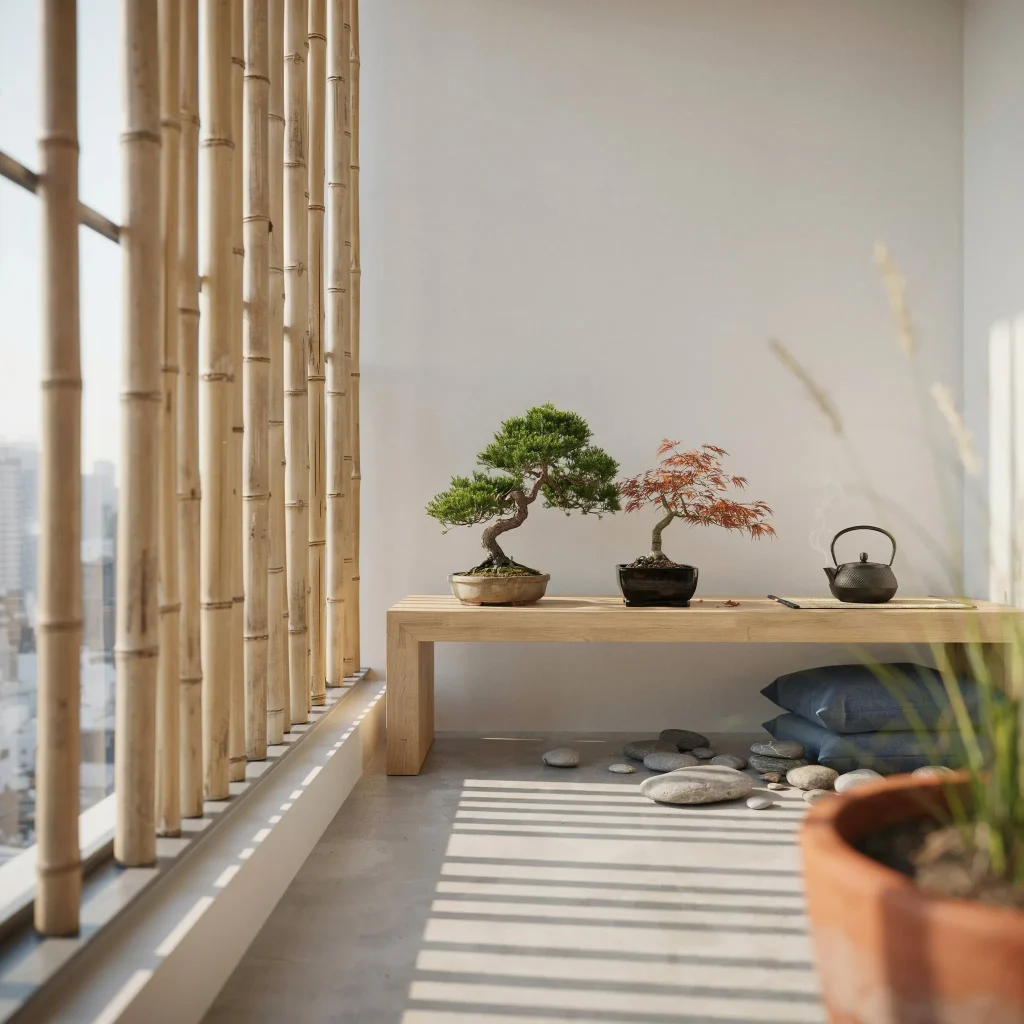 Japanese Balcony Ideas for Small Homes and Apartments 2 Small Japanese balcony with minimalist decor and bamboo accents.