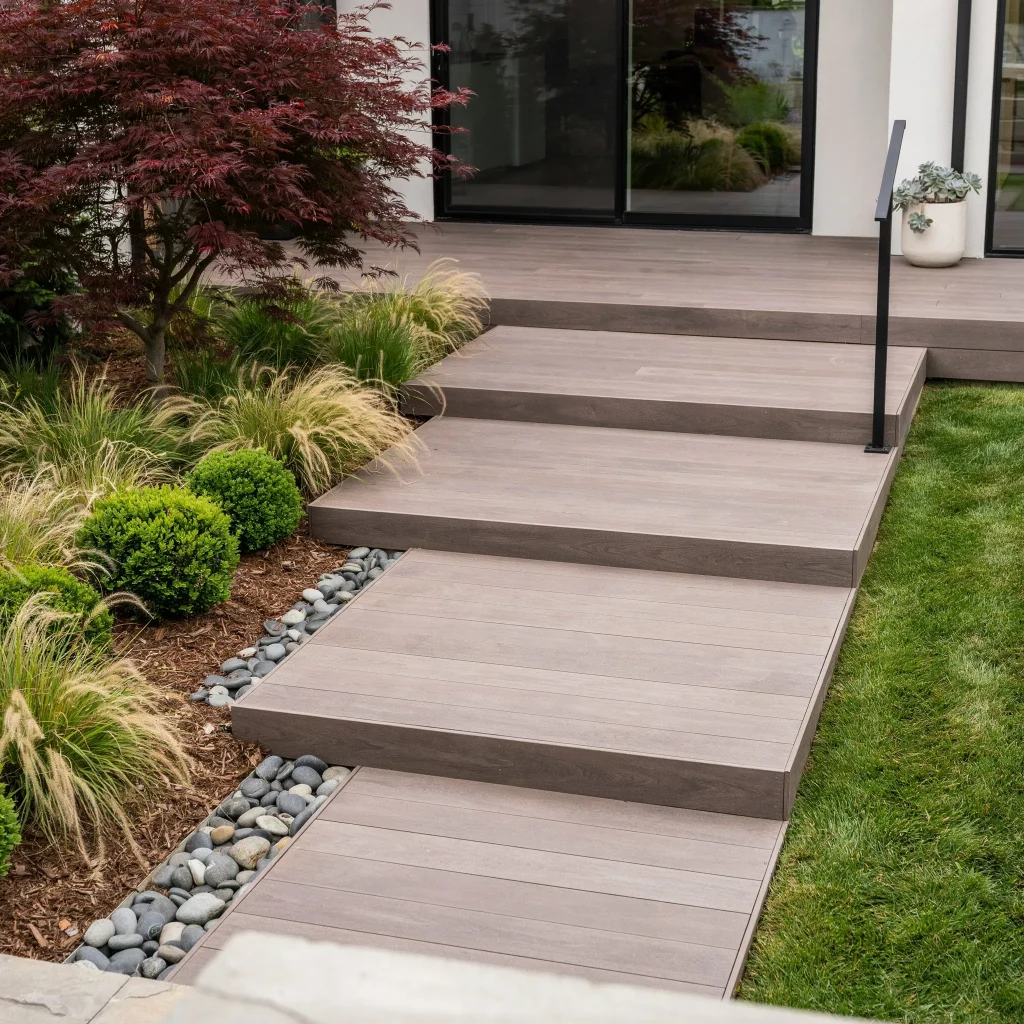 Composite Decking Ideas with Steps for a Beautiful Backyard Upgrade 4 Composite decking step ideas featuring LED lighting and modern railings.