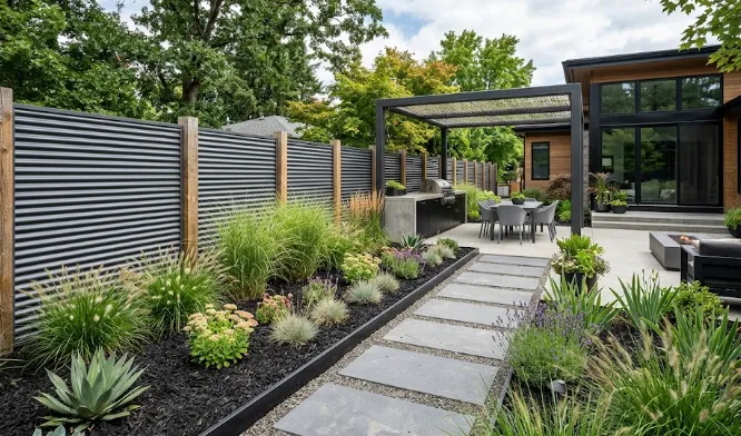 Cheap Garden Fence Ideas: 15 Budget-Friendly DIY Garden Fences for Every Backyard 4 Contemporary garden featuring corrugated metal fence panels and black mulch landscaping.