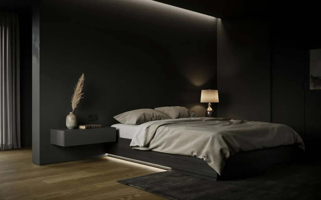 Dark Bedroom Ideas: Transform Your Space with Elegant and Cozy Designs 5 Dark minimalist bedroom with clean modern styling