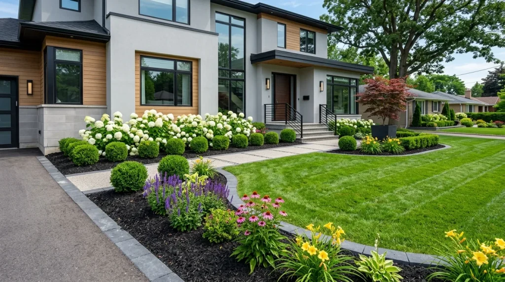 Black Mulch Ideas: 25 Stunning Landscaping Designs to Transform Your Yard 2 Modern front yard with black mulch landscaping and colorful flower beds