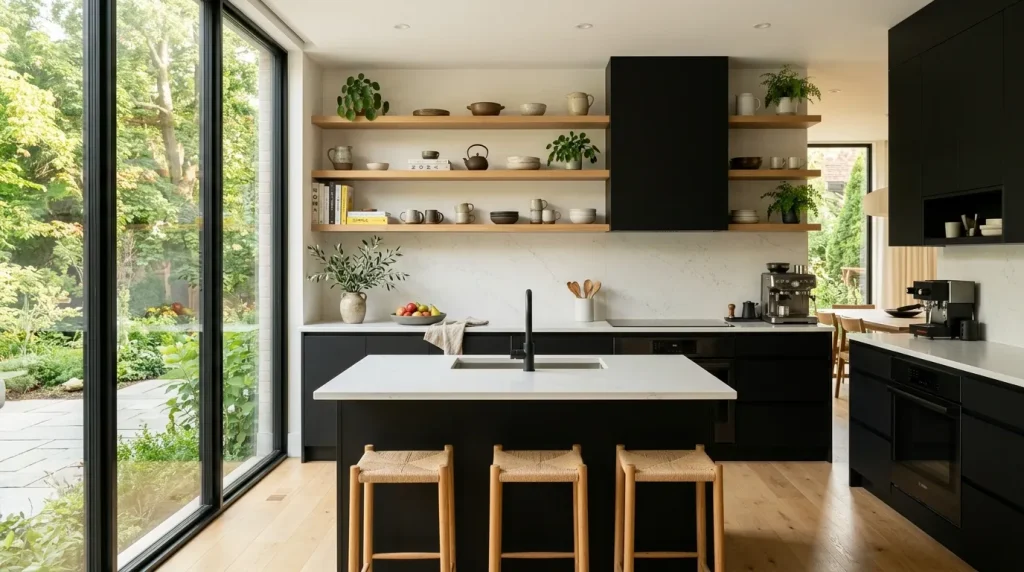 Black Kitchen Cabinets: 35 Stunning Design Ideas for a Modern, Luxurious Kitchen 5 Modern matte black kitchen cabinets with natural wood accents.