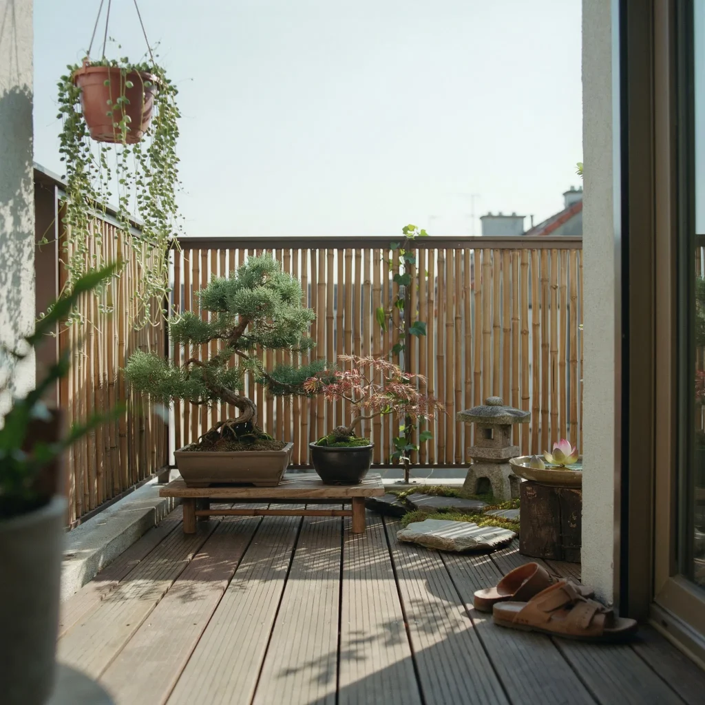 Japanese Balcony Ideas for Small Homes and Apartments 8 Modern Japanese balcony with contemporary furniture and plants.