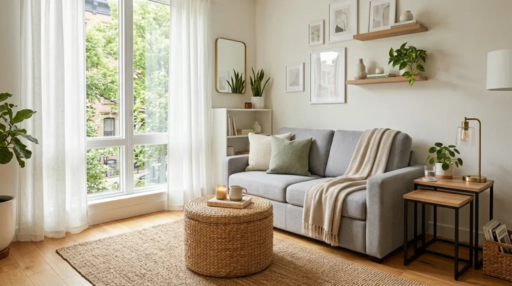 Small Space Living Room Ideas for Stylish Homes 2 Small space living room with multi-functional sofa, storage ottoman, and nesting tables