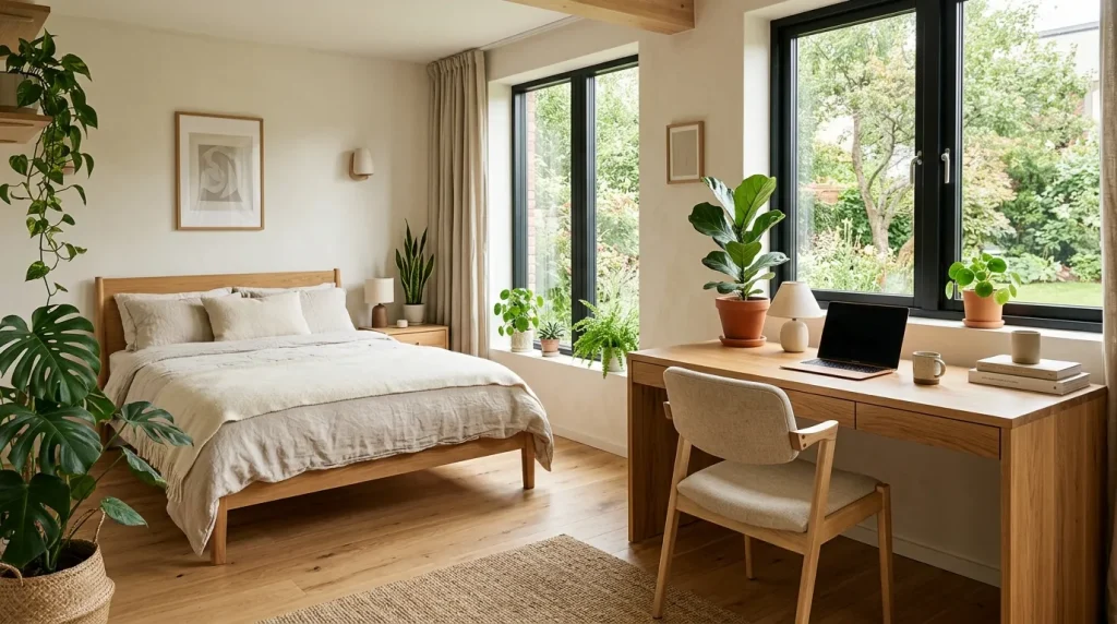 Organic Modern Bedroom: 25 Stunning Ideas for a Calm, Stylish, and Functional Space 3 Home office bedroom with organic modern furniture