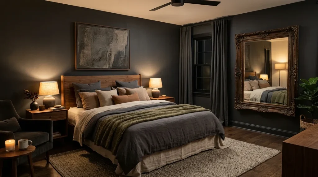 Organic Modern Bedroom: 25 Stunning Ideas for a Calm, Stylish, and Functional Space 4 Moody master bedroom with dark Victorian design and organic modern décor