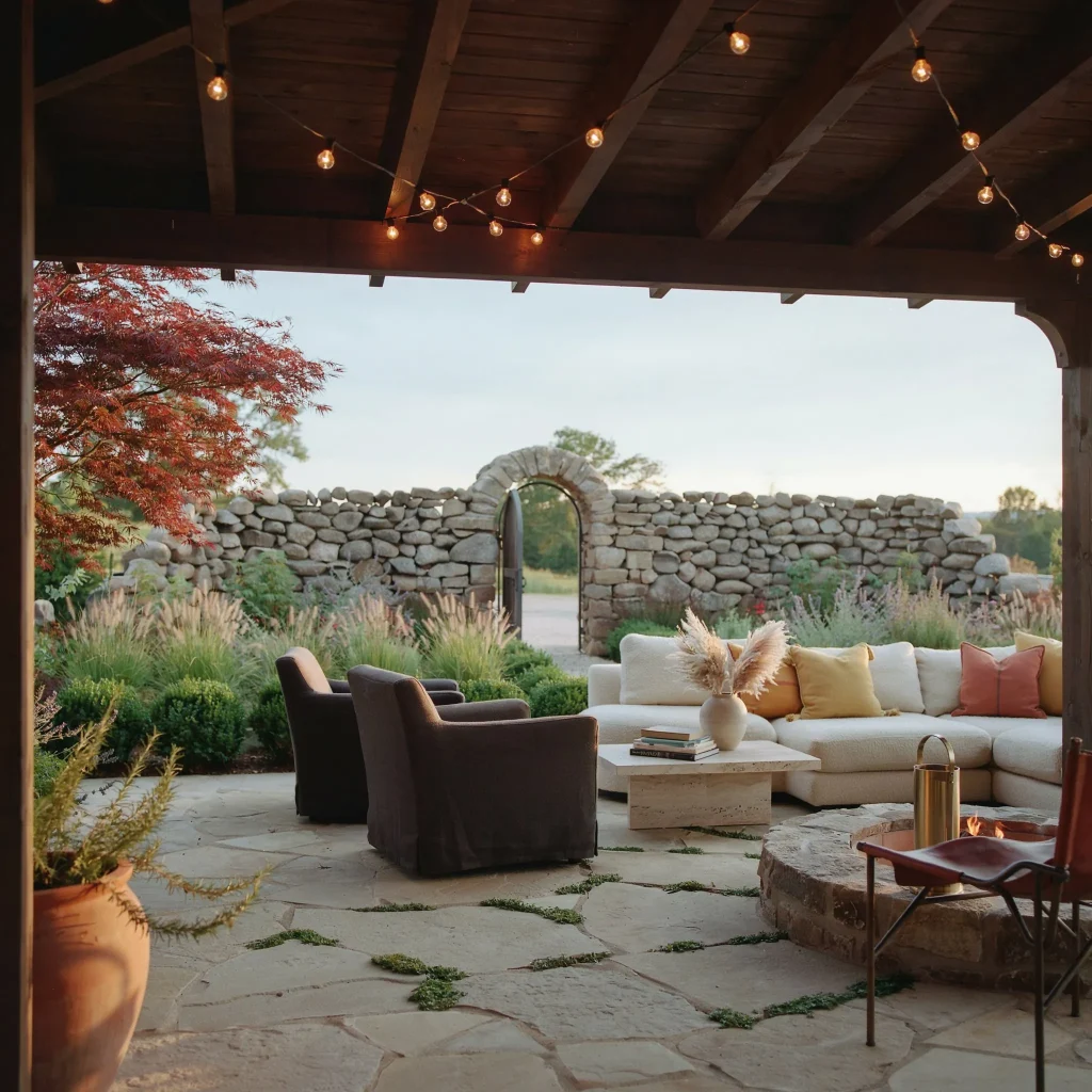 Outdoor Pavilion Ideas : Create the Perfect Backyard Gathering Space 4 Backyard pavilion featuring a central fire pit and comfortable seating.