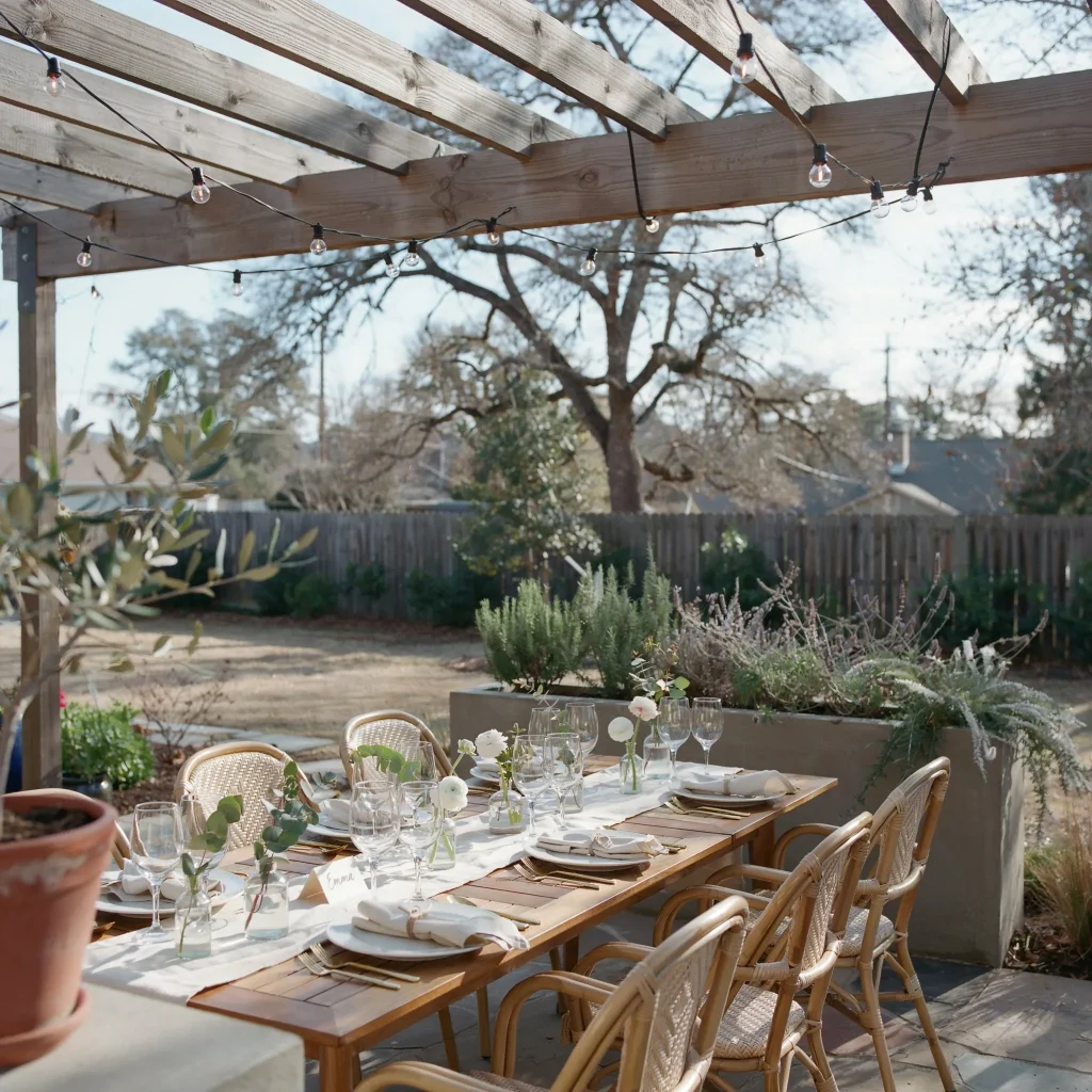 DIY Patio Cover Ideas: Transform Your Backyard into an Outdoor Retreat 7 Wooden pergola used as a DIY patio cover in a landscaped backyard.