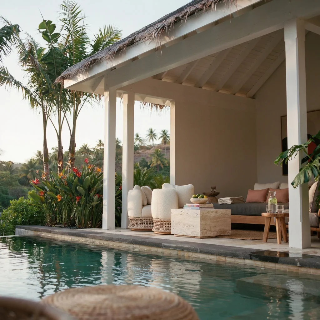 Outdoor Pavilion Ideas : Create the Perfect Backyard Gathering Space 5 Luxury poolside pavilion with lounge seating and decorative lighting.