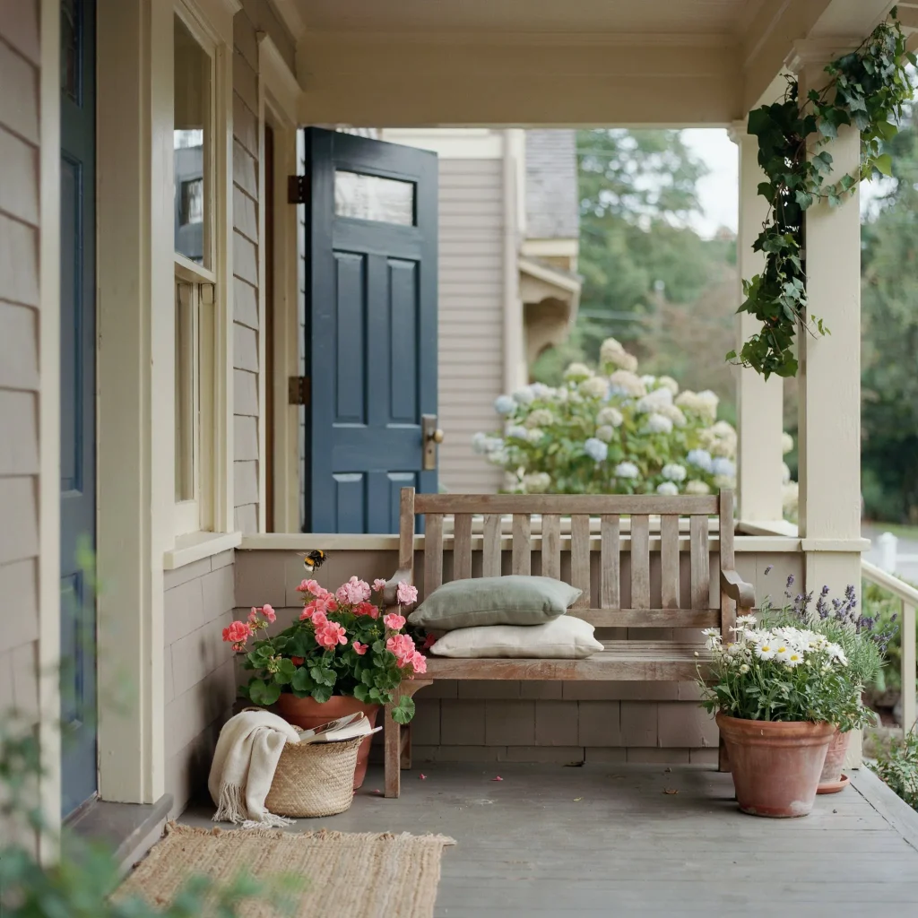 Bench on Front Porch Ideas: Charming Ways to Style a Welcoming Entryway 5 Porch with bench decorated for the fall season.