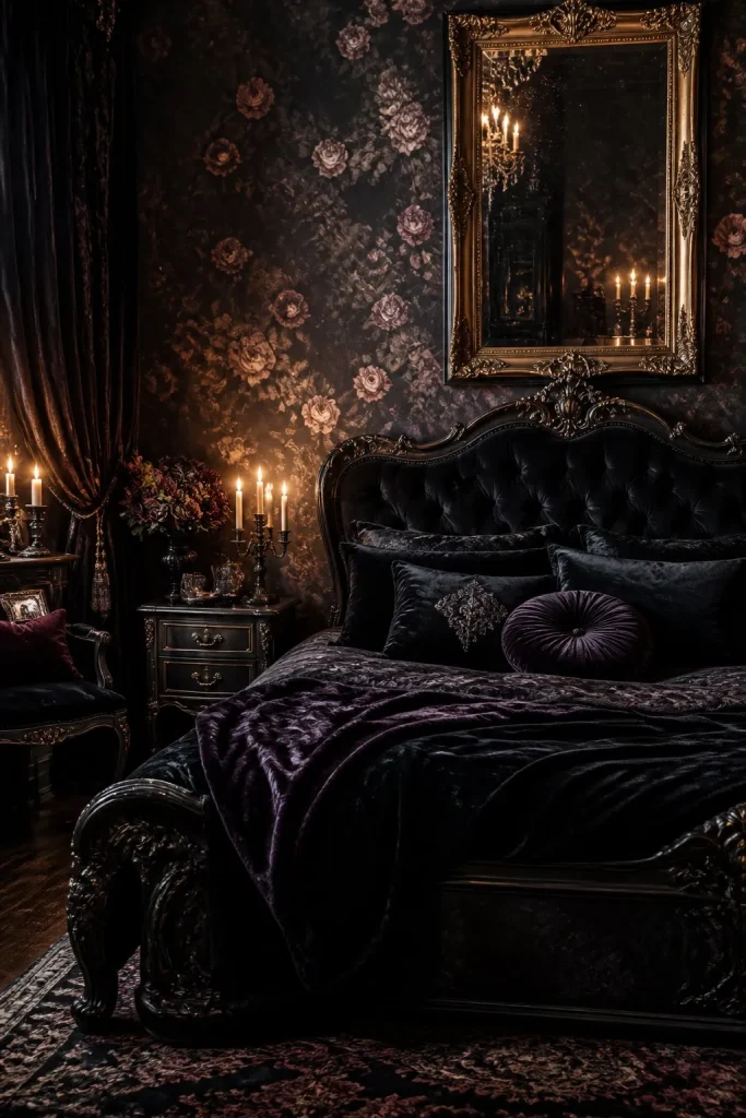 Gothic Bedroom Ideas: Romantic Gothic Bedroom Design Guide for a Dark & Luxurious Space 2 romantic gothic bedroom with candles, velvet bedding, and dark aesthetic