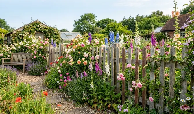 Cheap Garden Fence Ideas: 15 Budget-Friendly DIY Garden Fences for Every Backyard 3 Reclaimed wood garden fence surrounded by colorful cottage garden flowers.