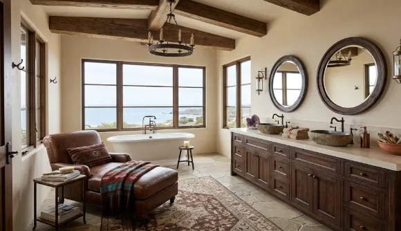 Western Bathroom Colors: 15 Rustic and Timeless Ideas for Your Home 3 Rustic bathroom with beige walls and brown wooden vanity