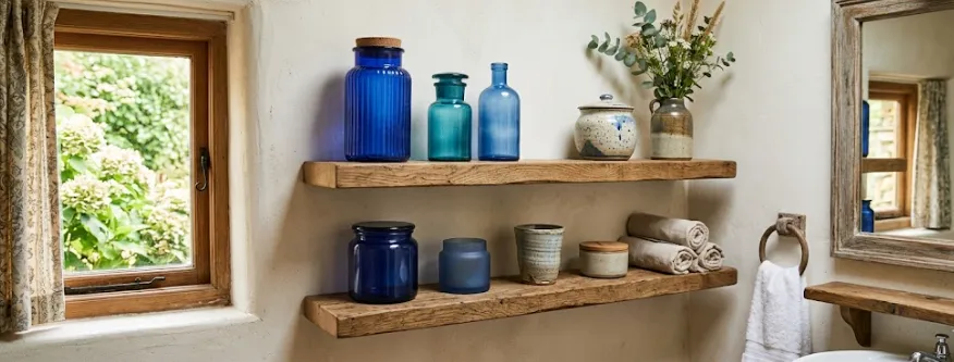 Blue Object in Bathroom: 15 Stylish Ideas to Elevate Your Space 3 Blue bath decor displayed on rustic bathroom shelves