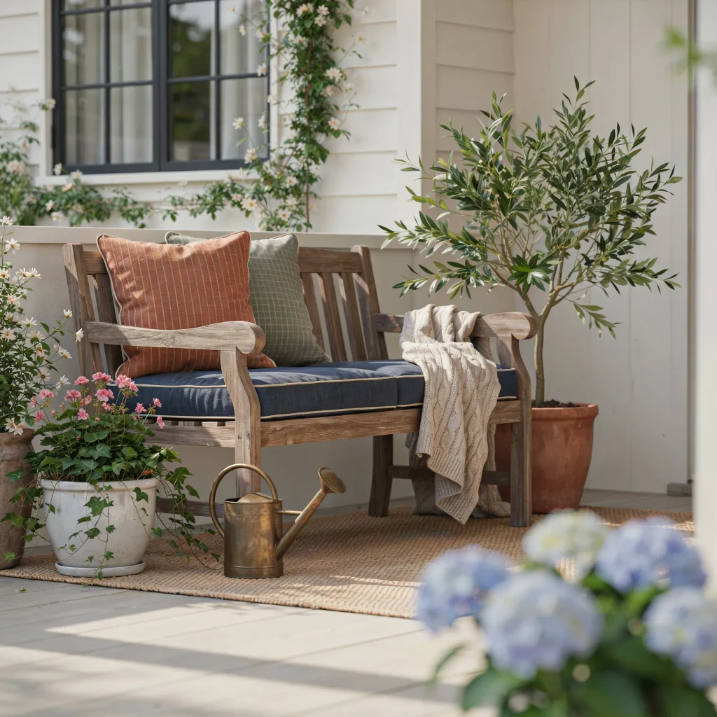 Bench on Front Porch Ideas: Charming Ways to Style a Welcoming Entryway 7 Simple small front porch decor with a bench and potted plants.