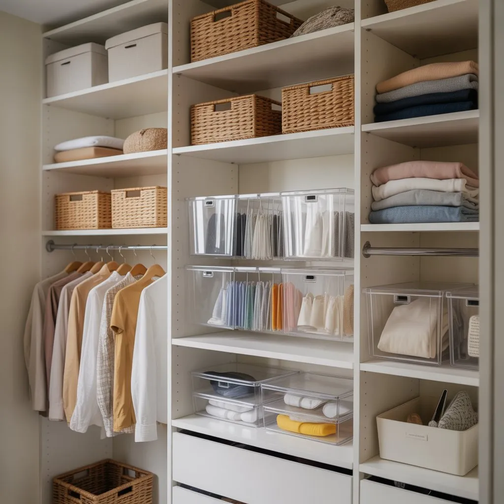 Small Space Living Room Ideas for Stylish Homes 9 Small closet with shelves, baskets, and organized clothing