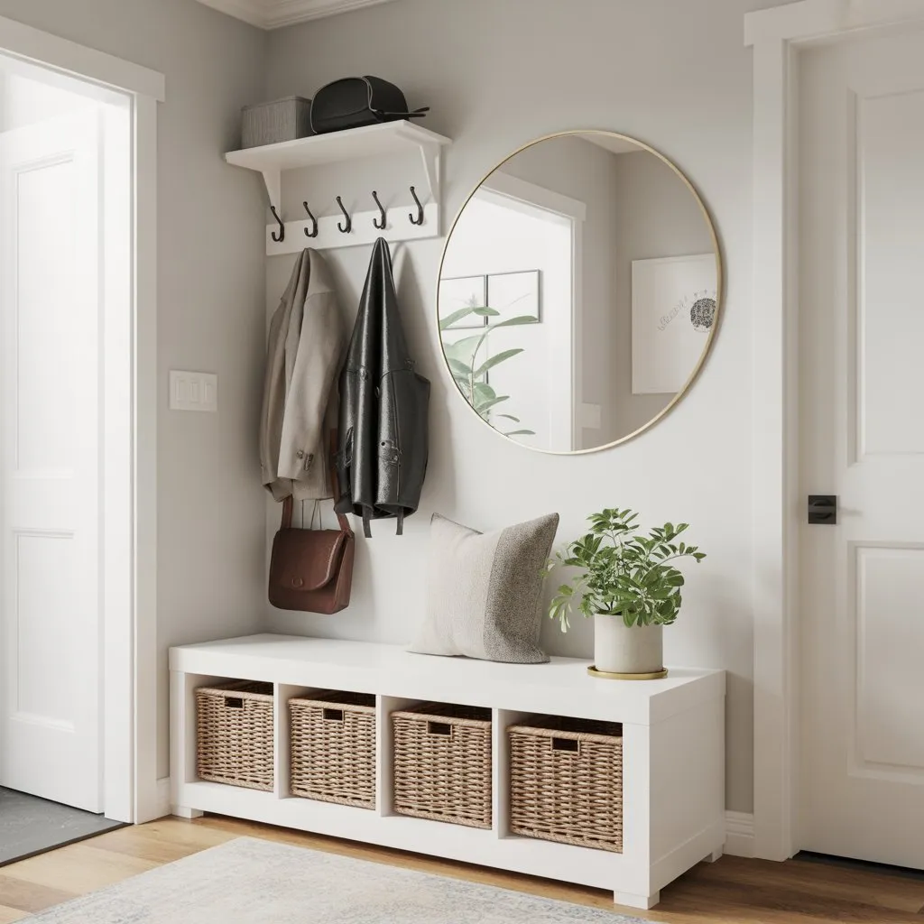 Small Space Living Room Ideas for Stylish Homes 8 Small entryway with storage bench and wall hooks