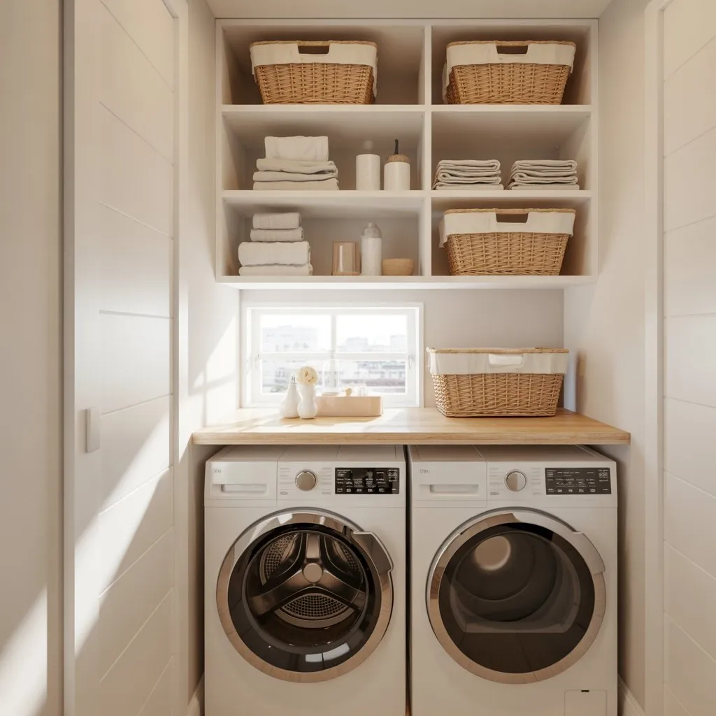 Small Space Living Room Ideas for Stylish Homes 7 Small laundry room with shelves and organized storage