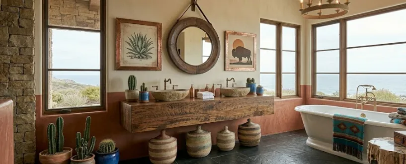 Western Bathroom Colors: 15 Rustic and Timeless Ideas for Your Home 8 Blue bath decor in a western-style bathroom with terracotta accents