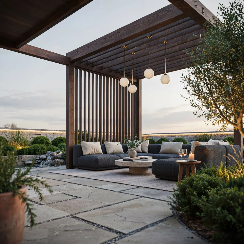Outdoor Pavilion Ideas : Create the Perfect Backyard Gathering Space 2 Large wooden backyard pavilion with outdoor furniture and landscaped surroundings.