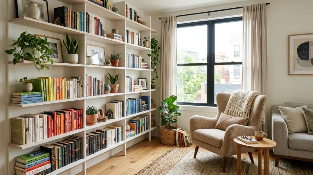 Small Space Living Room Ideas for Stylish Homes 3 Small space living room with floor-to-ceiling shelving for vertical storage