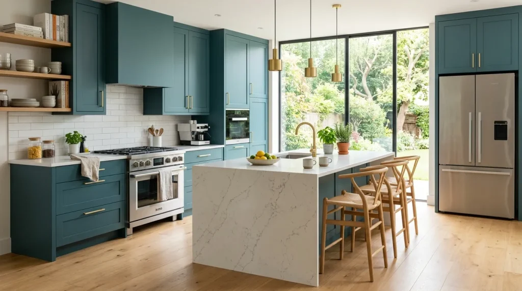 Teal Kitchen Cabinets: 35 Beautiful Design Ideas for a Stylish and Timeless Kitchen 3 White and teal kitchen cabinets with brass hardware.