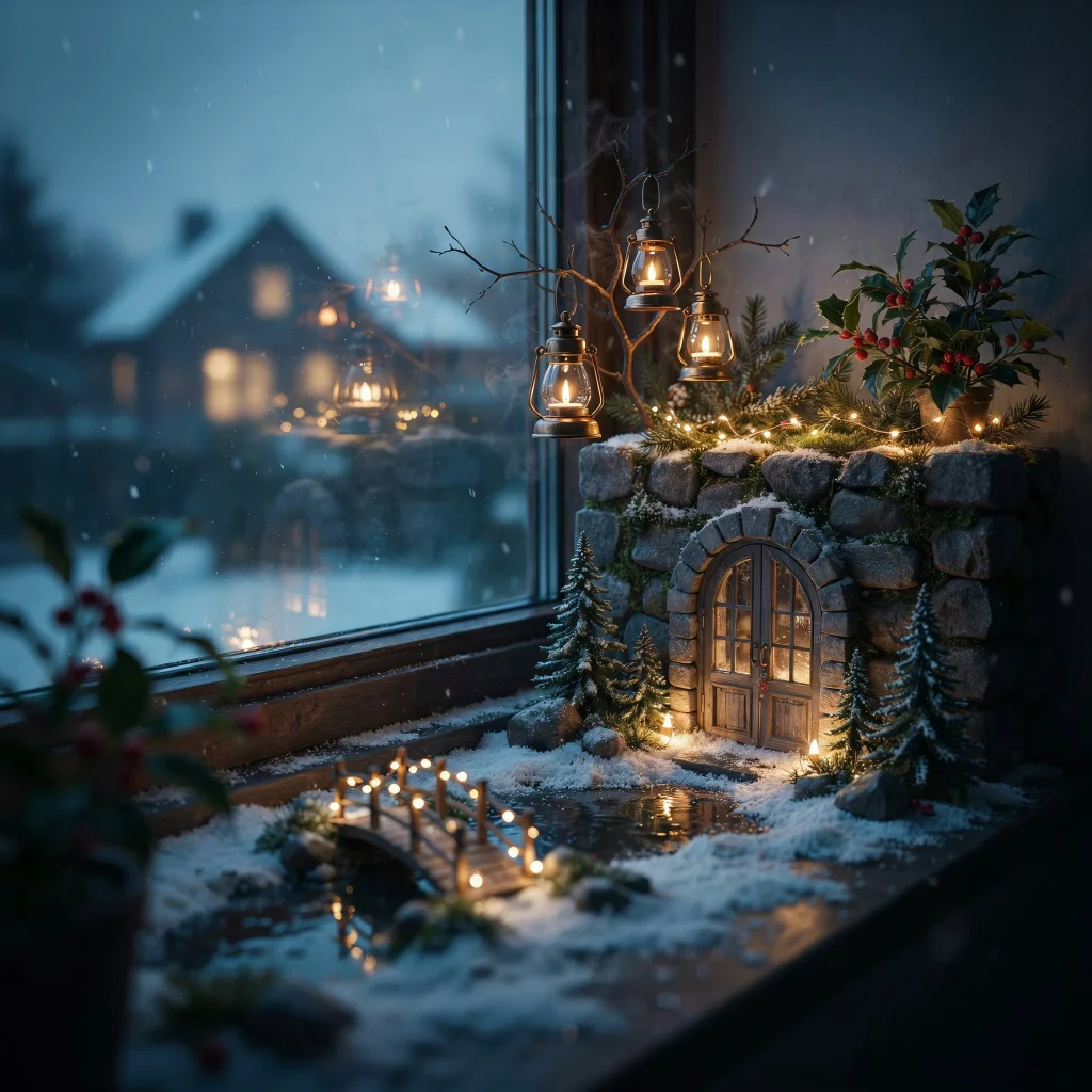 Winter Fairy Garden Ideas: Bring Magic to Your Backyard This Winter 5 Winter fairy garden illuminated by lanterns and fairy lights.