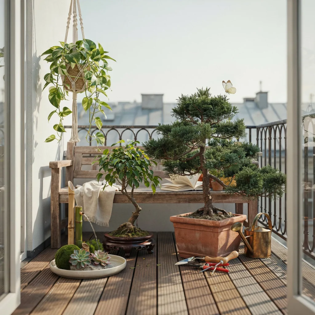 Japanese Balcony Ideas for Small Homes and Apartments 7 Japanese balcony featuring decorative gravel and stone elements.