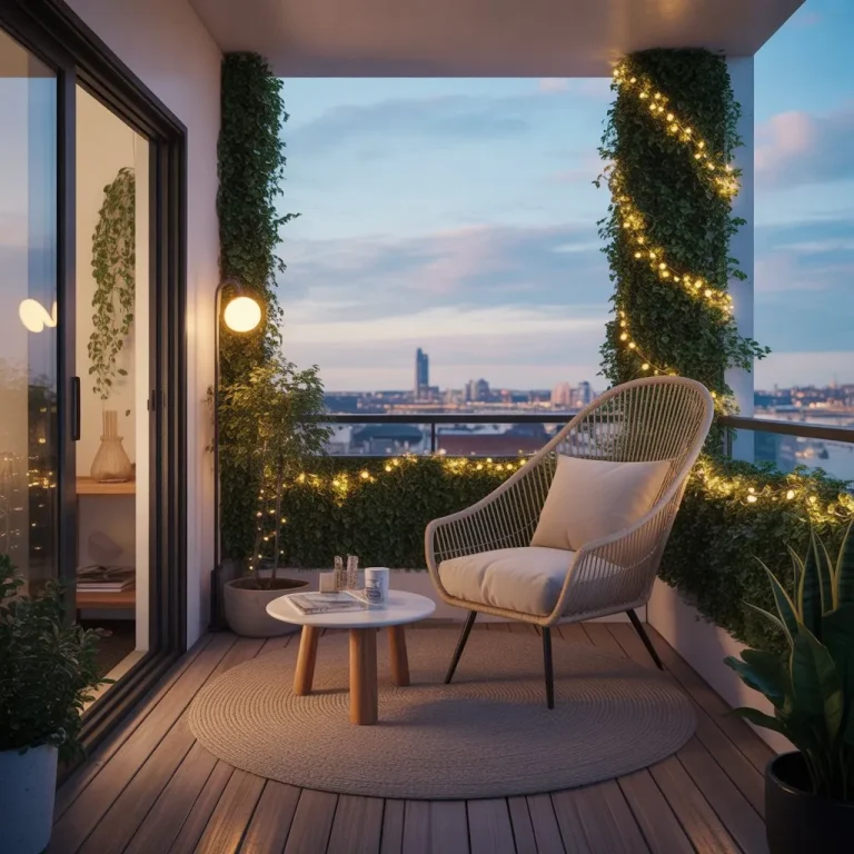 Small Balcony Inspiration 2 Modern small apartment balcony with cozy seating, plants, string lights, and wooden flooring.