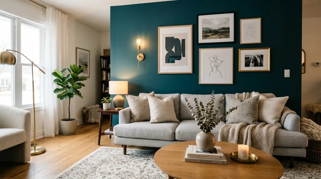 Accent Wall Living Room Ideas: A Complete Design Guide 2 Accent wall living room design behind a sofa with teal paint