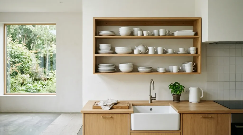 Kitchen Open Cabinet Ideas: How to Design a Bright, Functional Space 2 kitchen open cabinet with all-white dishware display
