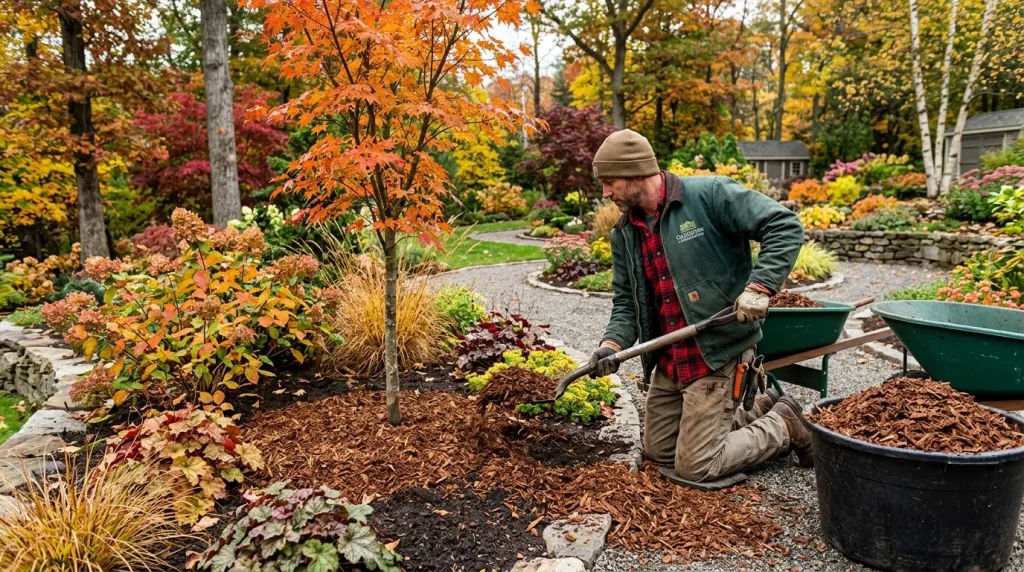 Fall Bark: Complete Guide to Using Bark Mulch for Beautiful Autumn Landscapes 4 Installing fall bark mulch around garden plants