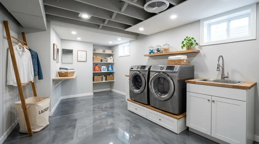 Basement Laundry Room Ideas: The Complete Guide to a Functional, Stylish Basement Laundry 5 Basement laundry room with epoxy flooring and recessed lighting