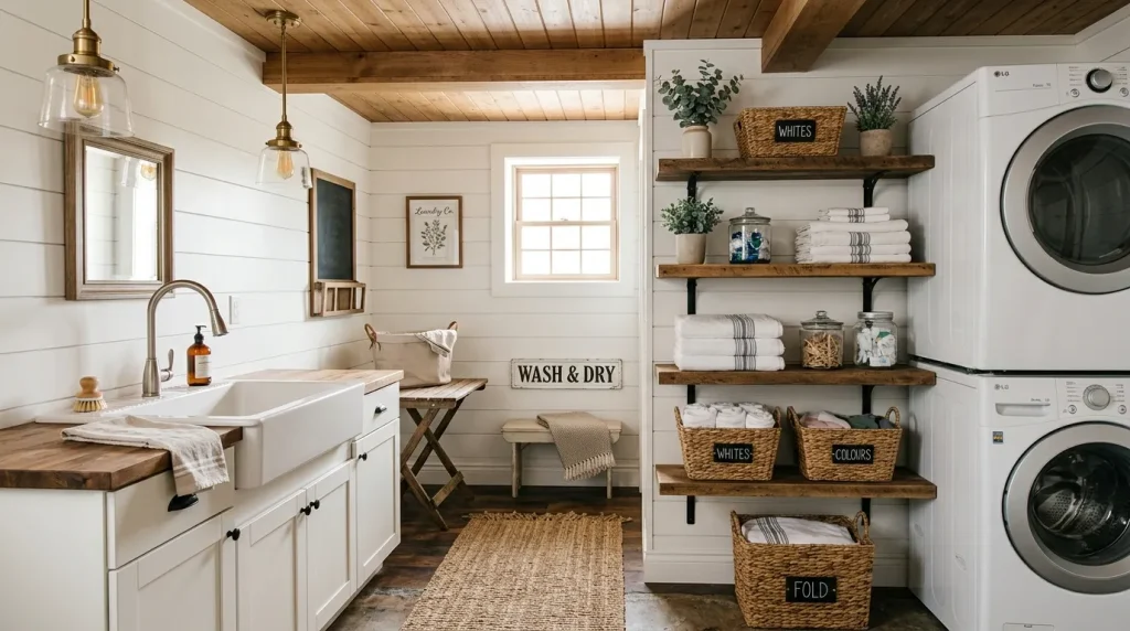 Basement Laundry Room Ideas: The Complete Guide to a Functional, Stylish Basement Laundry 2 Farmhouse style basement laundry room with shiplap walls and open shelving