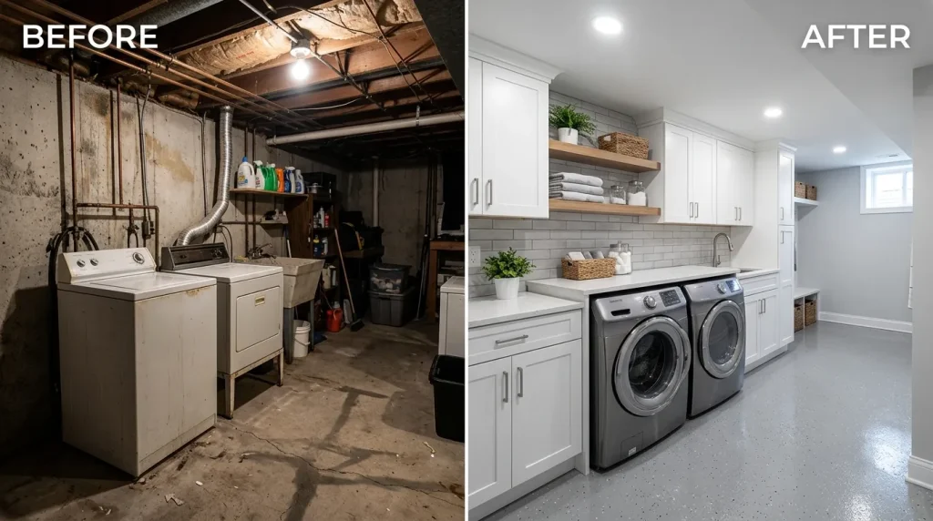 Basement Laundry Room Ideas: The Complete Guide to a Functional, Stylish Basement Laundry 3 Before and after basement laundry room makeover transformation