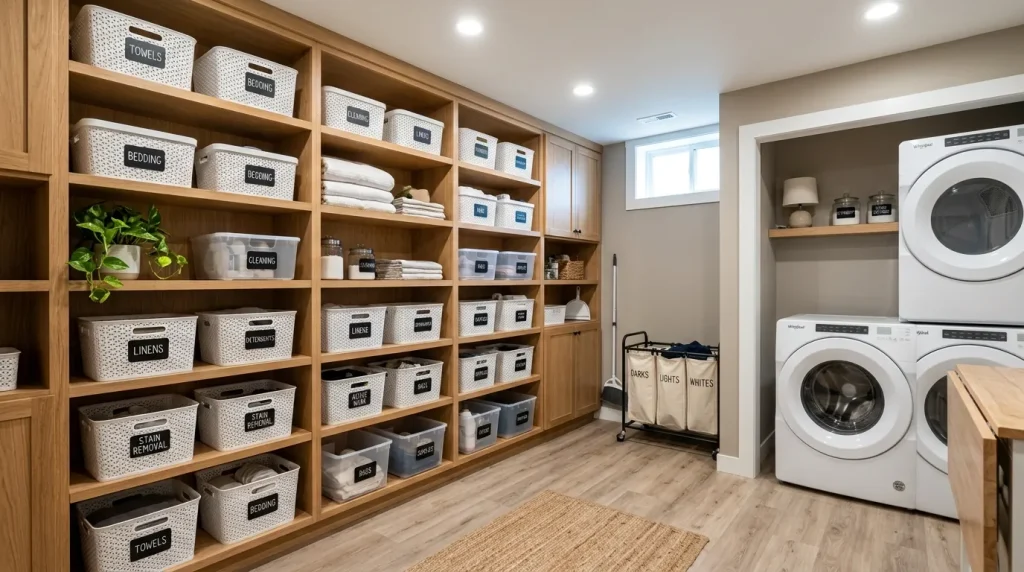 Basement Laundry Room Ideas: The Complete Guide to a Functional, Stylish Basement Laundry 4 Basement laundry room storage shelving and labeled bins