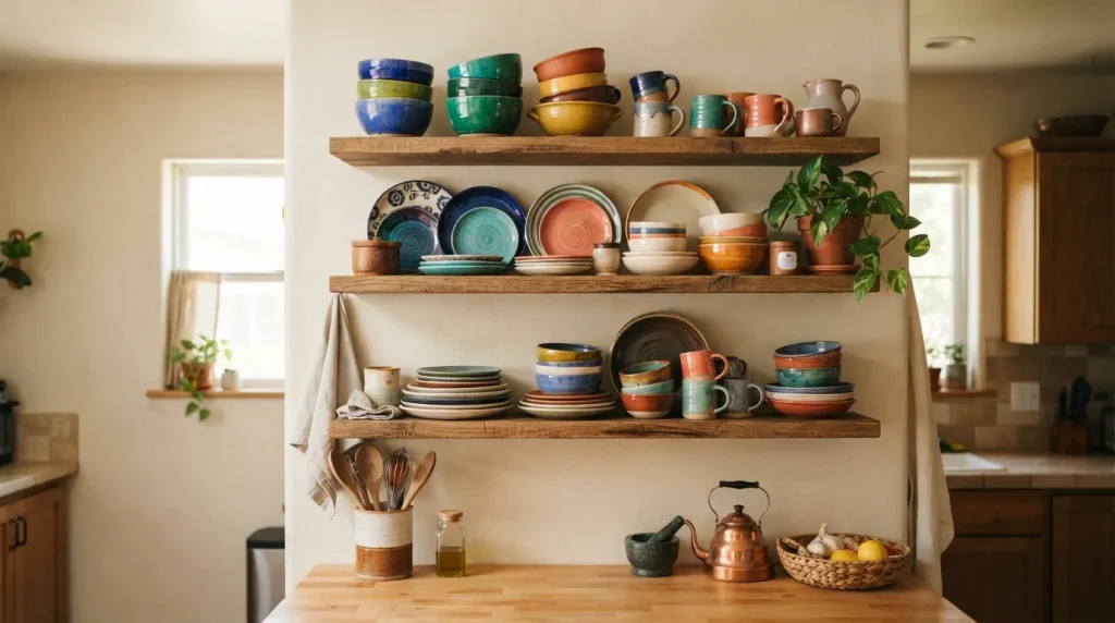 Open Face Kitchen Cabinets: A Complete Style & Setup Guide 4 open kitchen cupboards with colorful dishware display