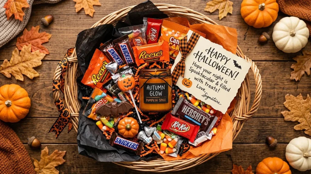 Boo Basket Ideas: The Ultimate Guide to the Perfect Boo Basket for Him or Her 2 Flat lay of a Halloween boo basket with candy, candle, and card