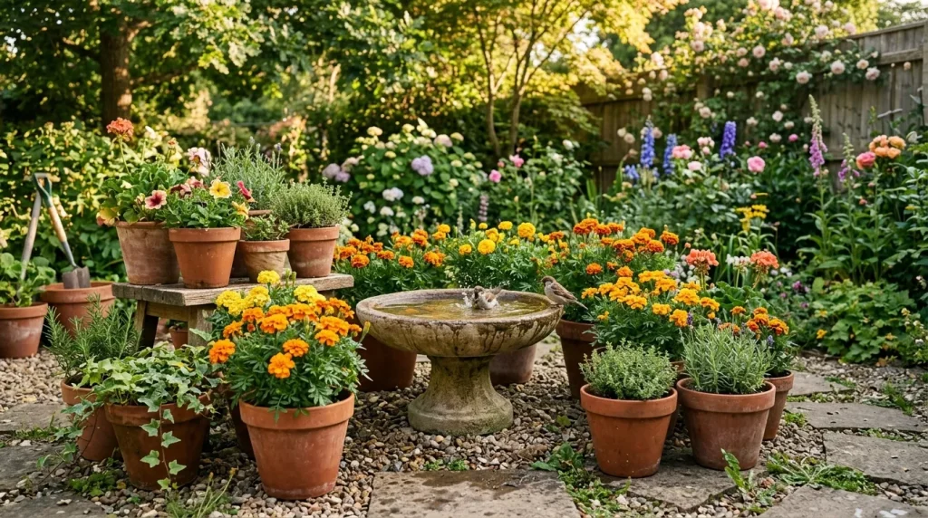 Bird Bath Flowers Ideas: The Ultimate Guide to a Beautiful Backyard Feature 5 Budget-friendly potted flowers arranged around a bird bath