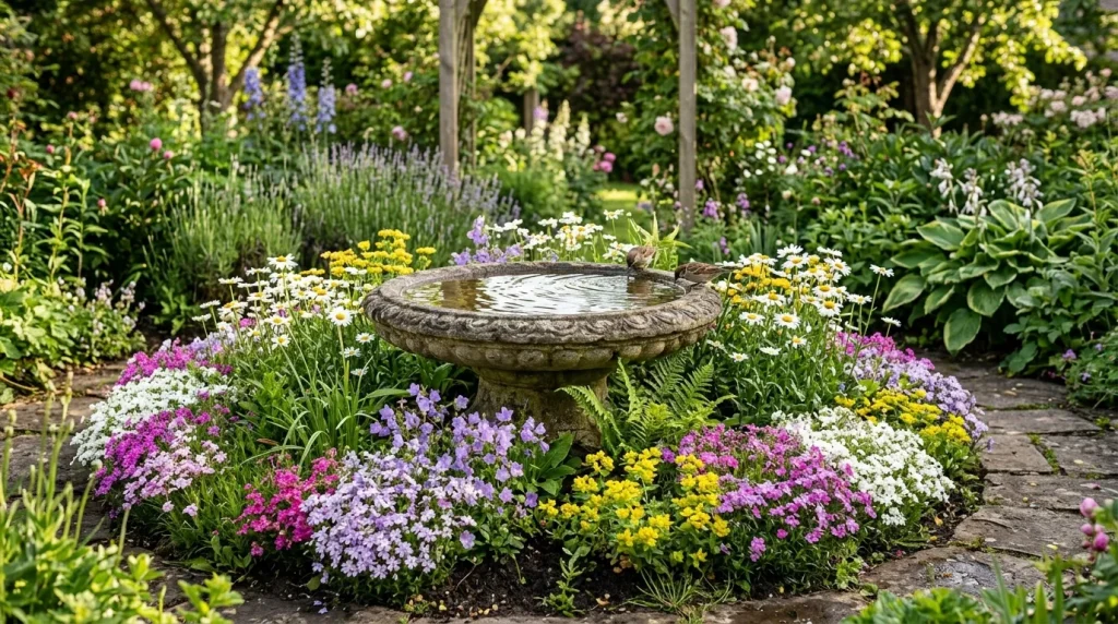 Bird Bath Flowers Ideas: The Ultimate Guide to a Beautiful Backyard Feature 2 Bird bath surrounded by colorful flower border in a garden