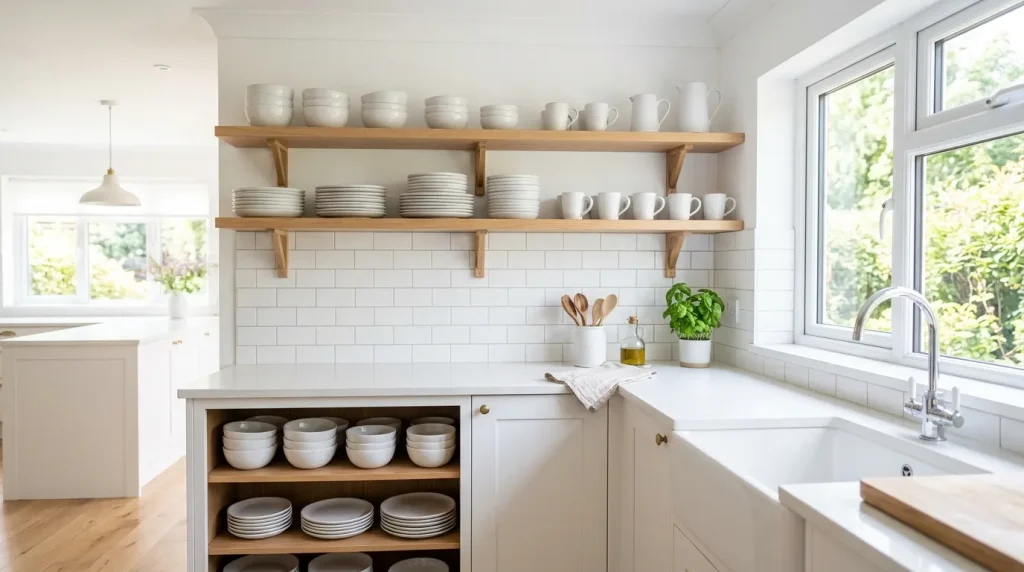 Open Face Kitchen Cabinets: A Complete Style & Setup Guide 2 open face kitchen cabinets styled with white dishware
