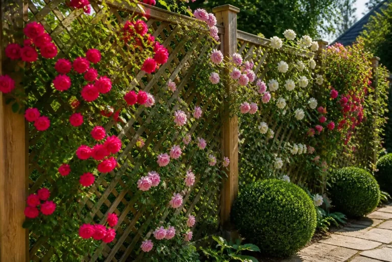 Trellis Roses: Do Roses Need a Trellis? Complete Guide to Growing Climbing Roses on Lattice 2 Climbing roses on lattice wooden garden structure