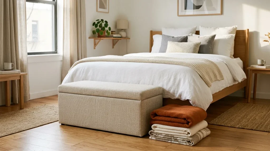 How to Make a Cozy Studio Apartment: The Ultimate Small-Space Living Guide 5 Storage ottoman used for hidden storage in a small studio apartment