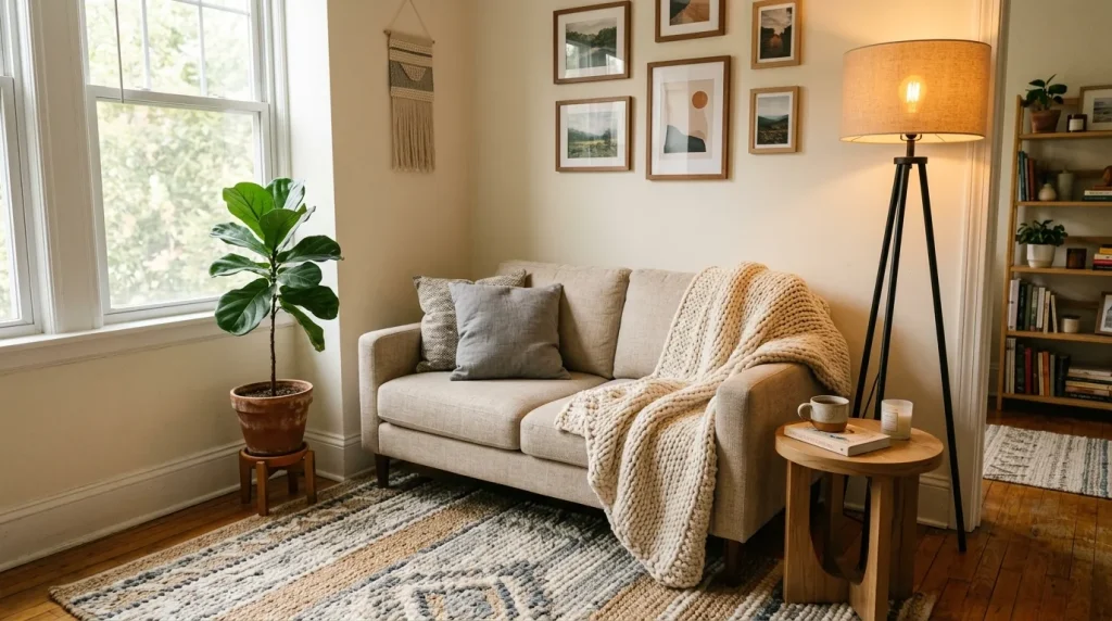 How to Make a Cozy Studio Apartment: The Ultimate Small-Space Living Guide 2 Cozy studio apartment living area with warm lighting and layered textiles