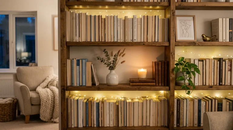 Minimal Light Ideas: How to Style Fairy Lights on a Bookshelf 3 Fairy lights bookcase with books and minimal decor