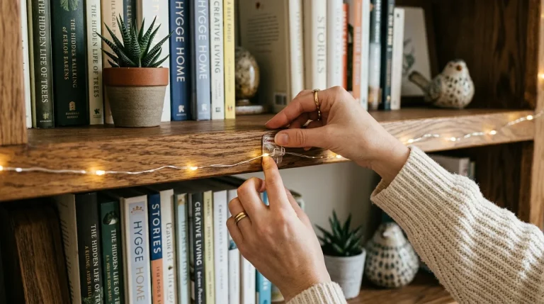 Minimal Light Ideas: How to Style Fairy Lights on a Bookshelf 5 Installing fairy lights on a bookshelf with adhesive clips