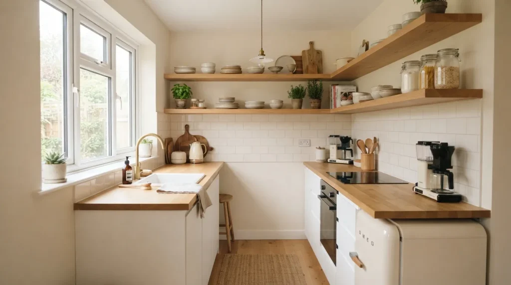 Open Cabinet Kitchen Design: Everything You Need to Know 4 floating shelves in an open cabinet kitchen