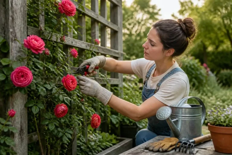Trellis Roses: Do Roses Need a Trellis? Complete Guide to Growing Climbing Roses on Lattice 3 Gardener maintaining climbing roses on trellis support
